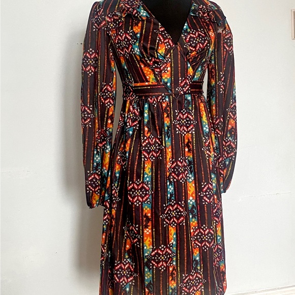 70s Dress Empire Waist Belt Tie Midi Poly Floral Pattern Puff Sleeve V Neck - Picture 3 of 9